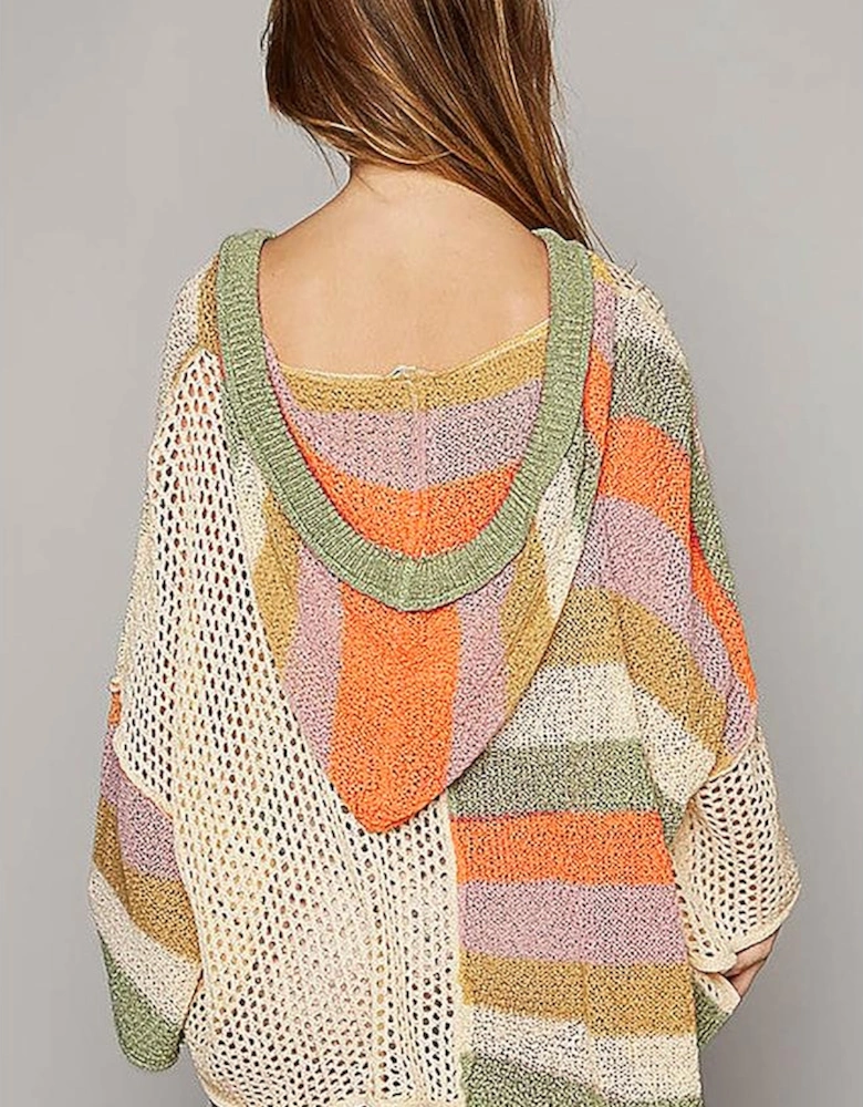 Beige Oversized Colorblock V Neck Hooded Sweater