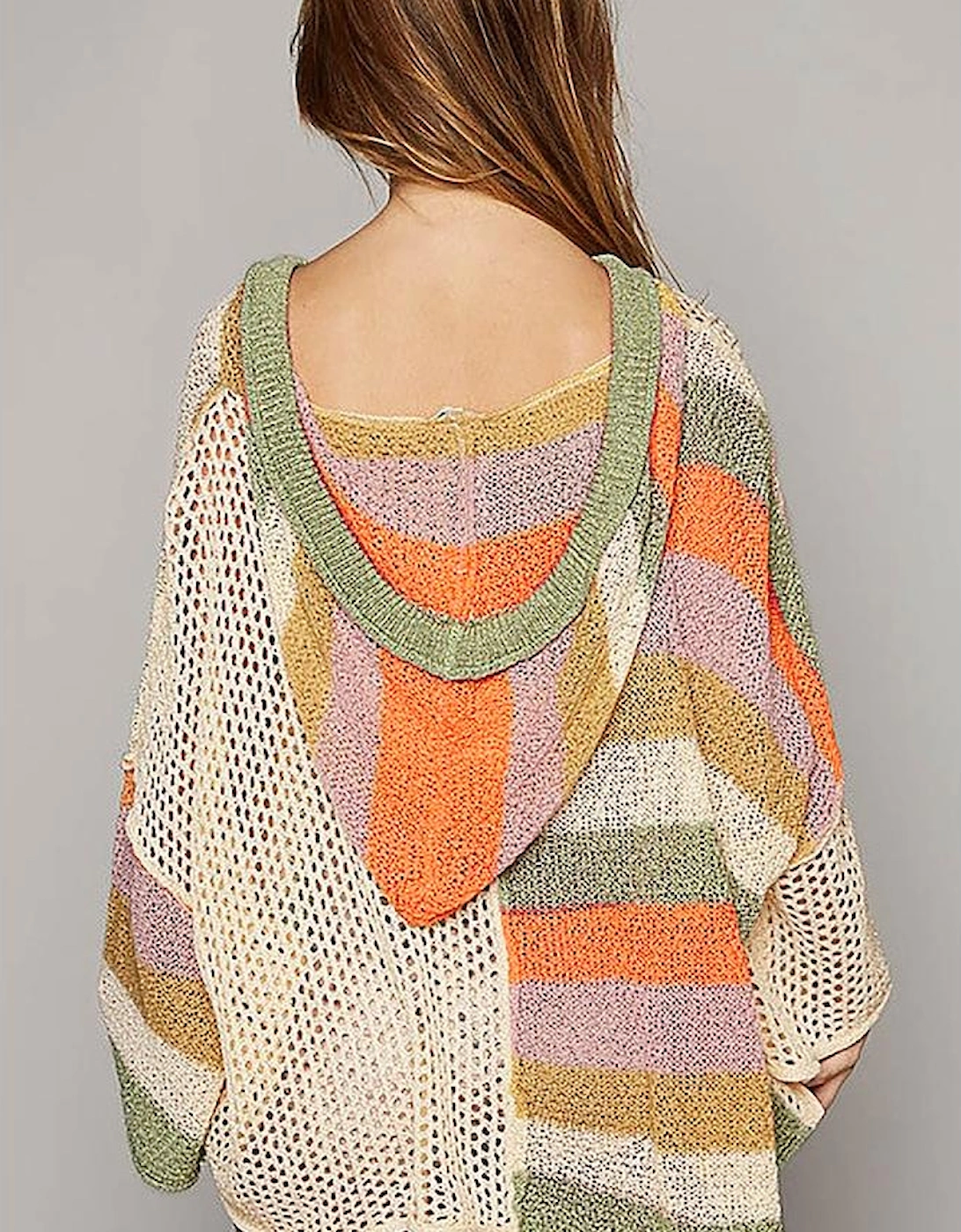 Beige Oversized Colorblock V Neck Hooded Sweater