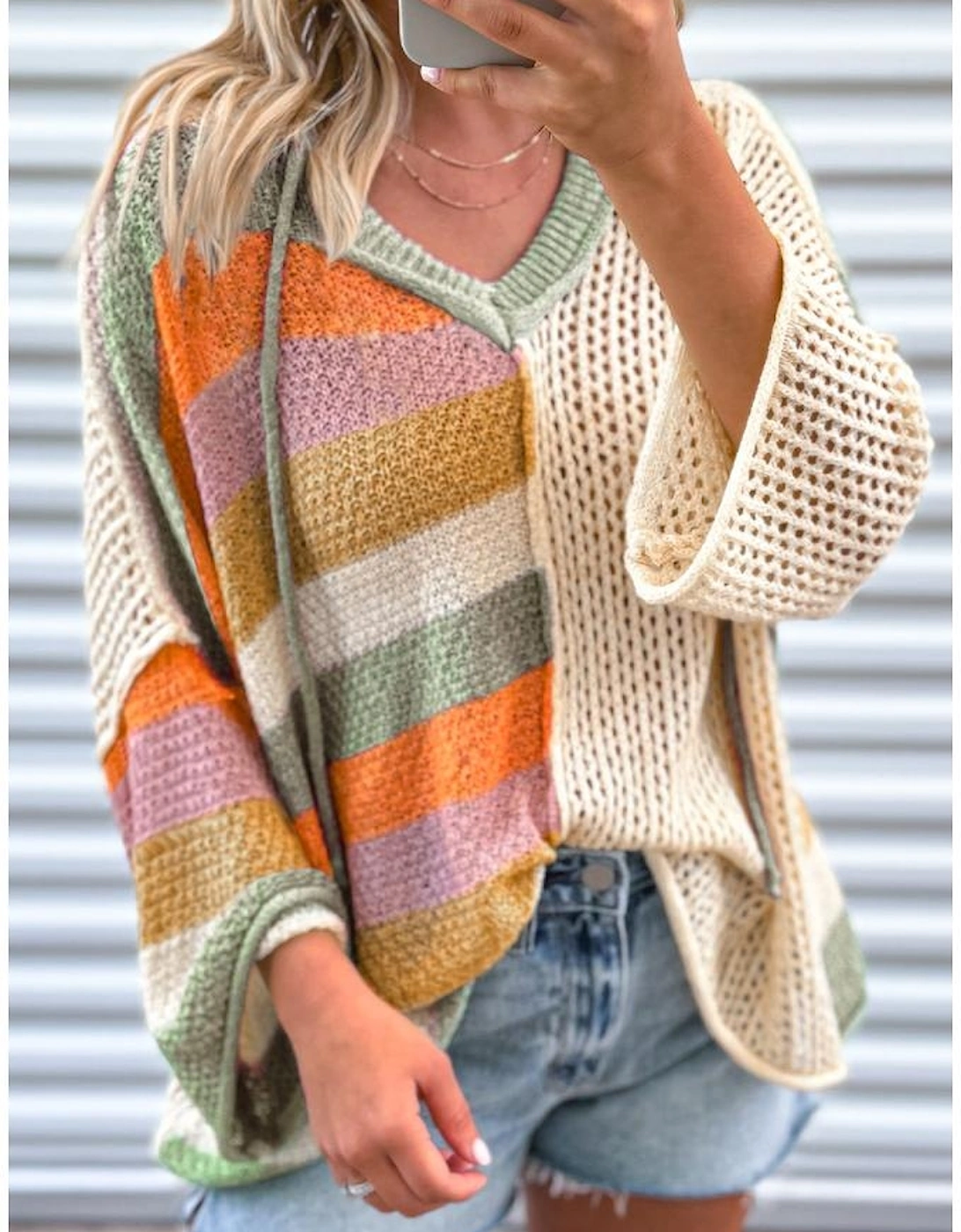 Beige Oversized Colorblock V Neck Hooded Sweater