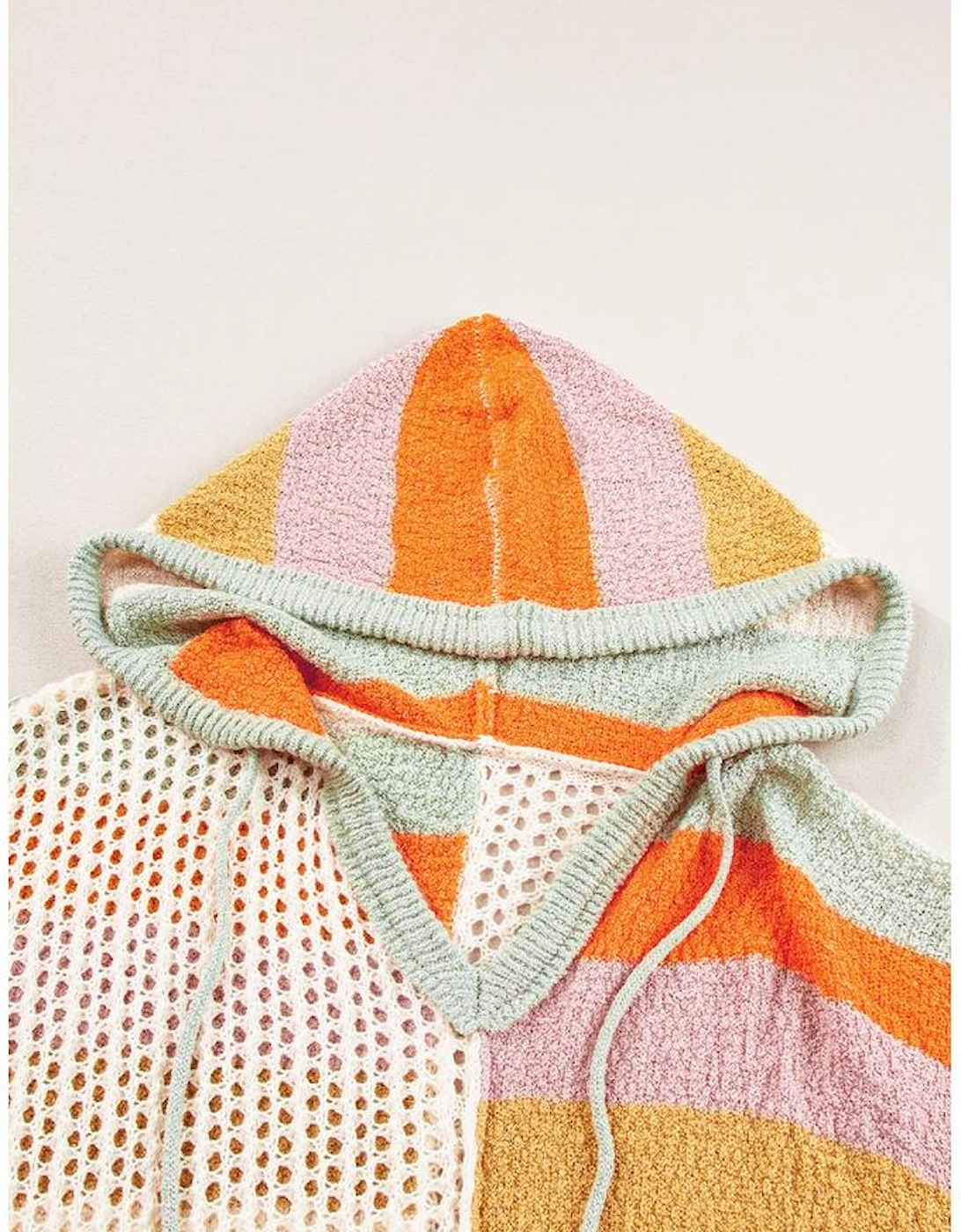 Beige Oversized Colorblock V Neck Hooded Sweater