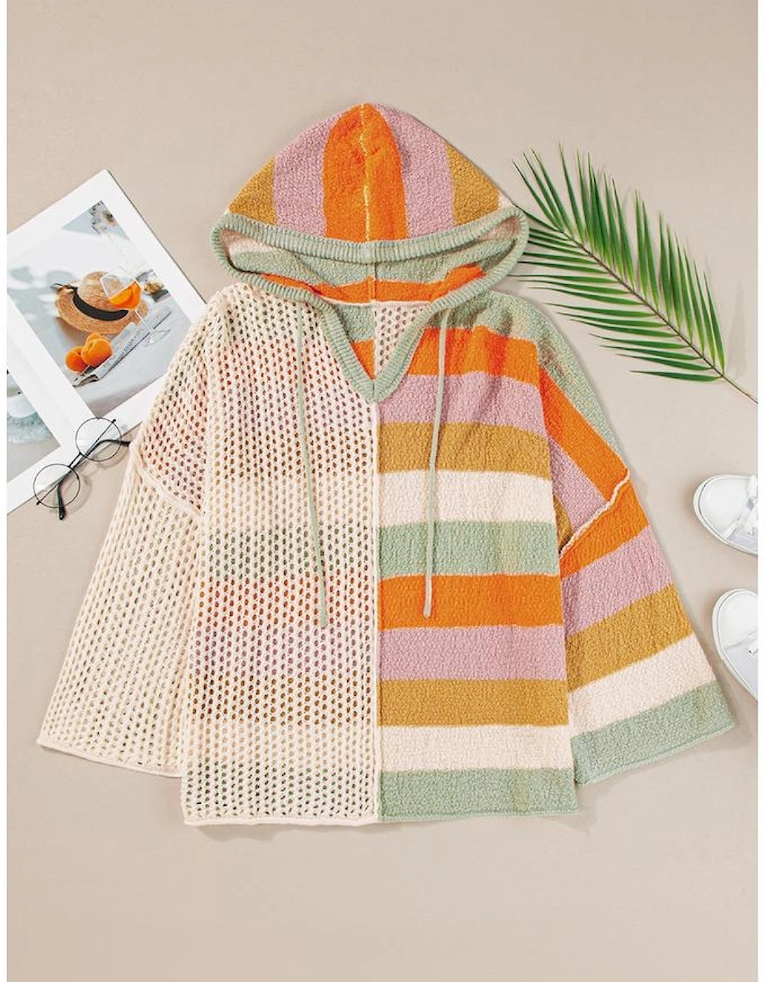 Beige Oversized Colorblock V Neck Hooded Sweater