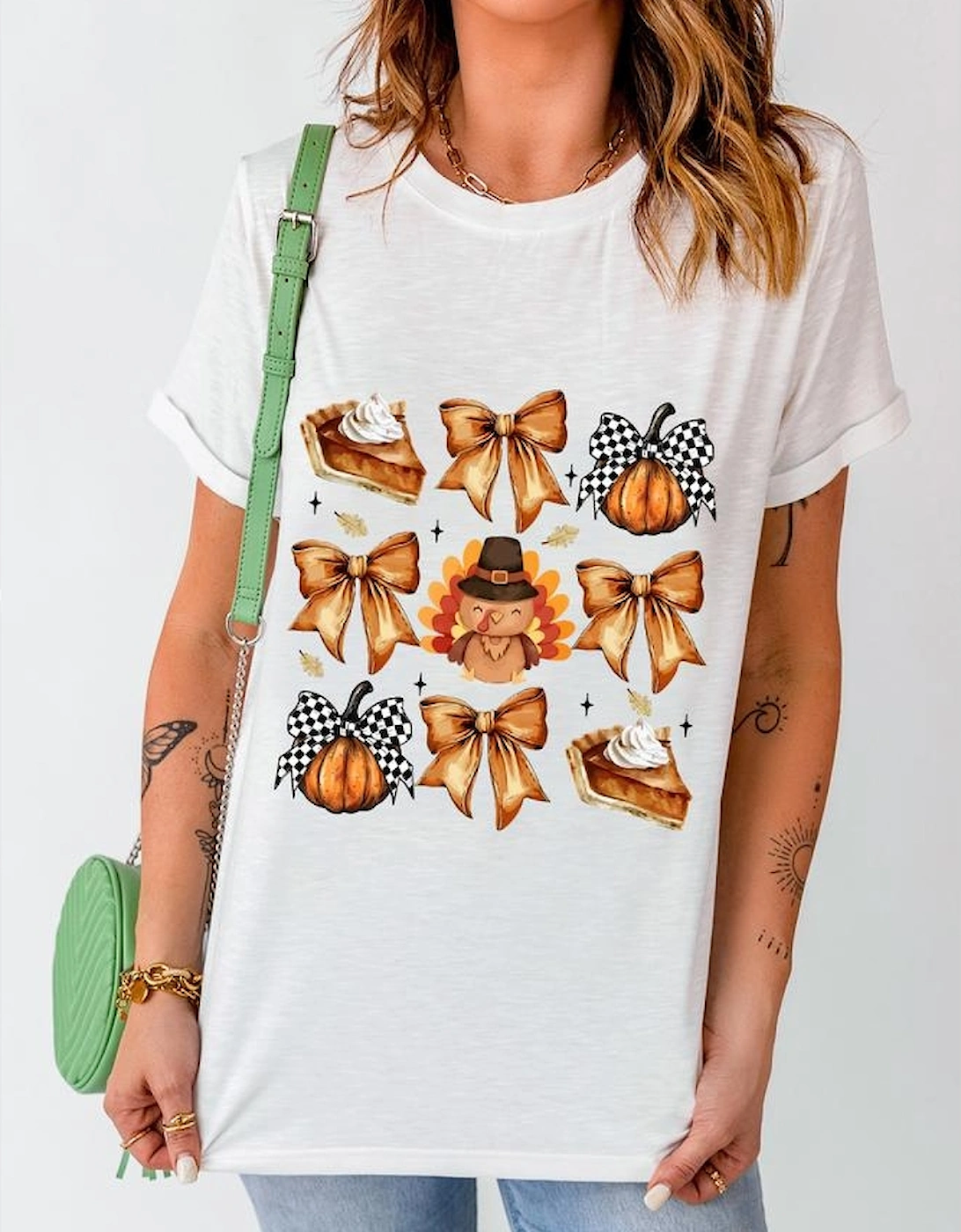 White Cute Bowknot Tanksgiving Graphic Crewneck T Shirt