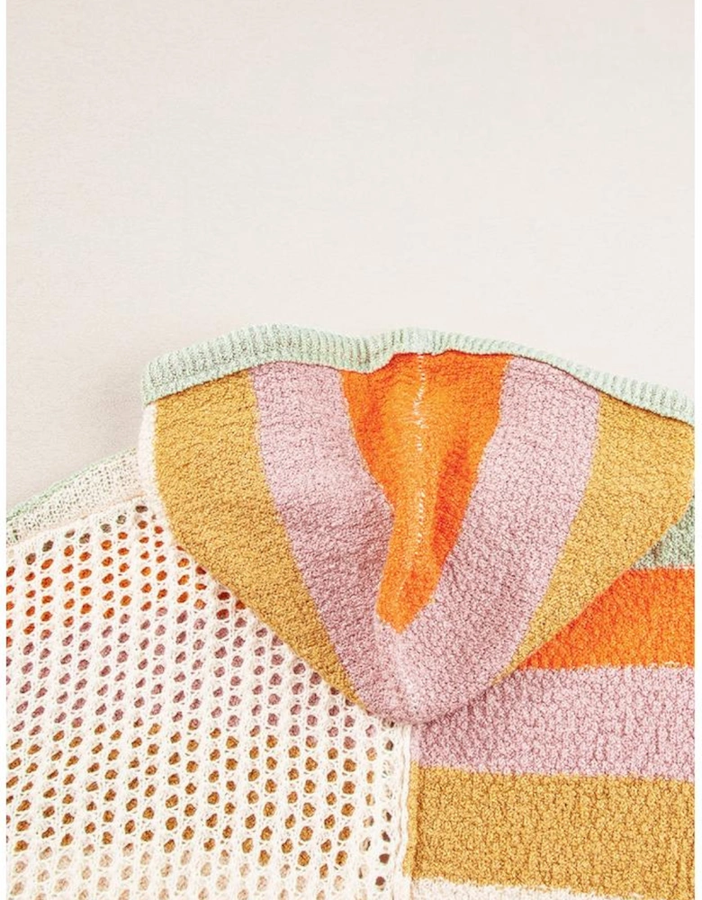 Beige Oversized Colorblock V Neck Hooded Sweater