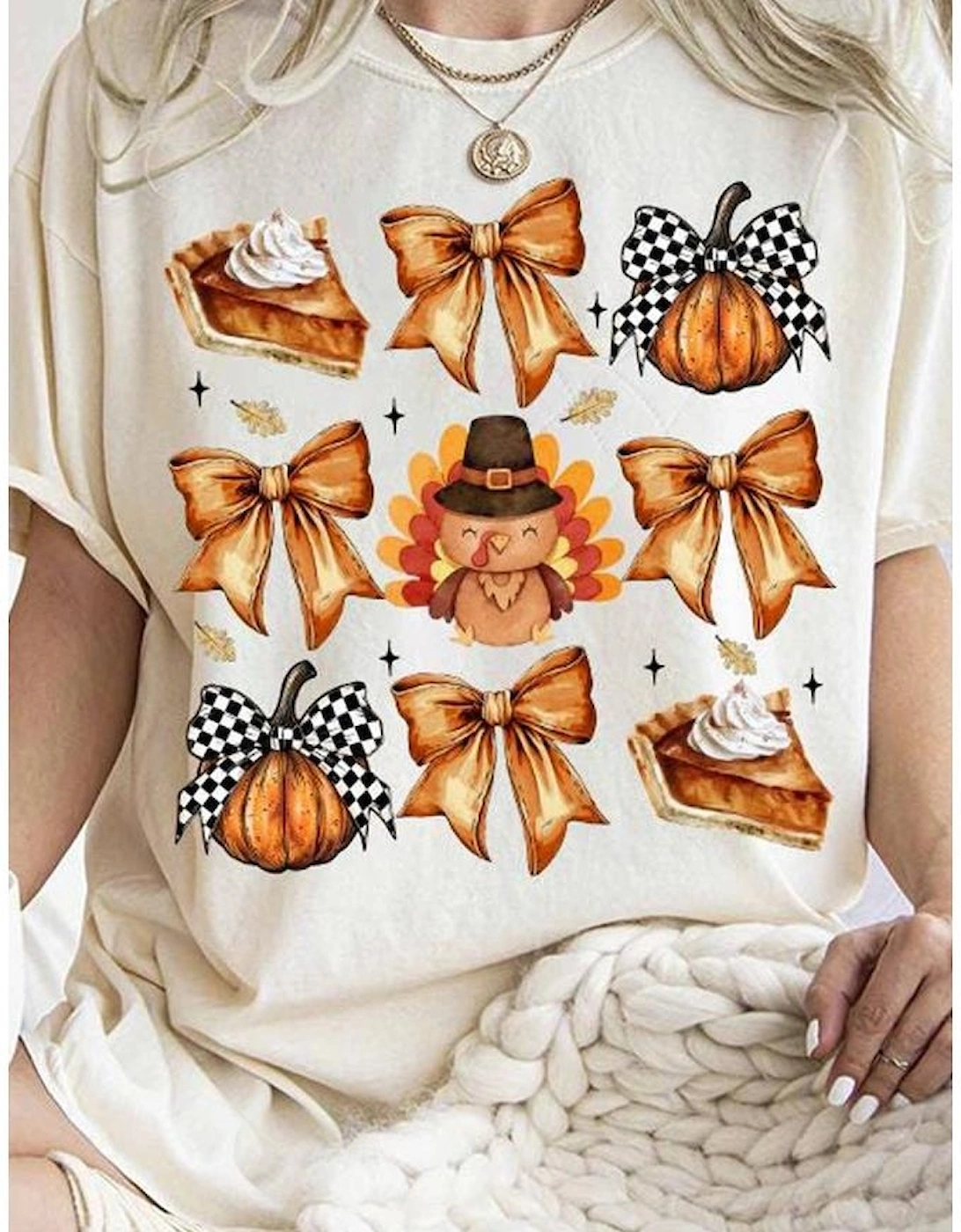 White Cute Bowknot Tanksgiving Graphic Crewneck T Shirt