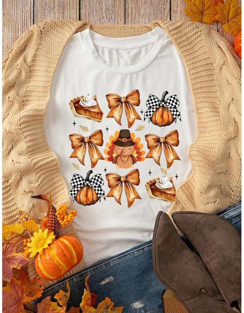 White Cute Bowknot Tanksgiving Graphic Crewneck T Shirt