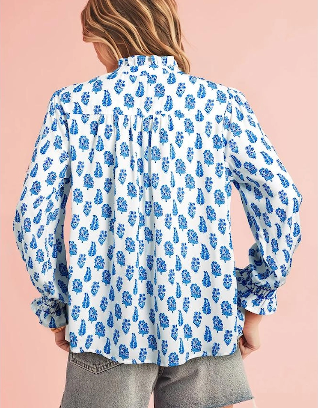 Sky Blue Boho Floral Printed Lantern Sleeve Frilled Neck Shirred Shirt