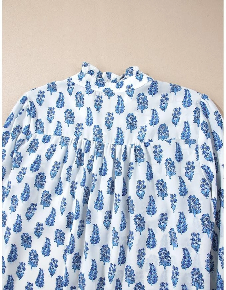 Sky Blue Boho Floral Printed Lantern Sleeve Frilled Neck Shirred Shirt
