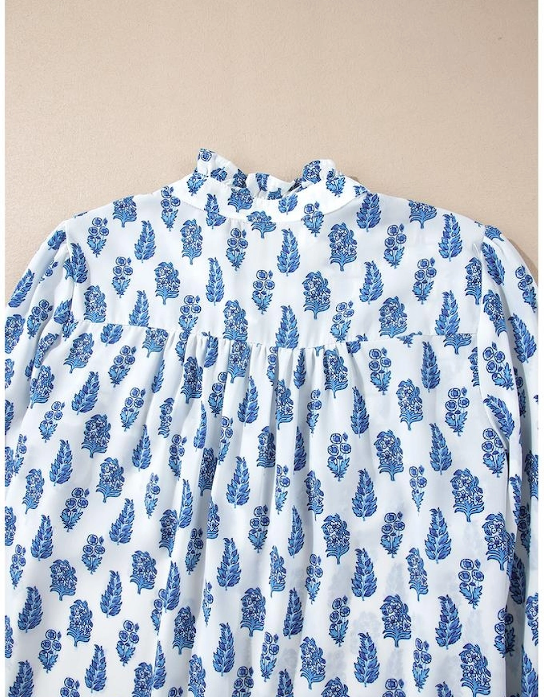 Sky Blue Boho Floral Printed Lantern Sleeve Frilled Neck Shirred Shirt