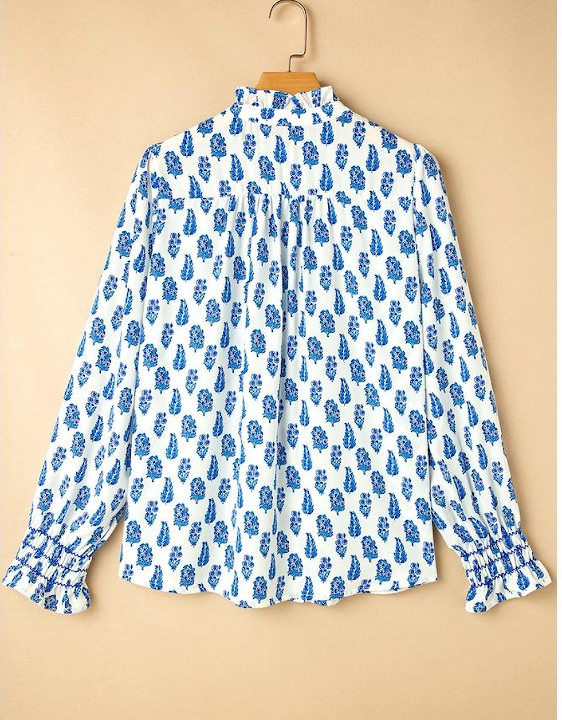 Sky Blue Boho Floral Printed Lantern Sleeve Frilled Neck Shirred Shirt