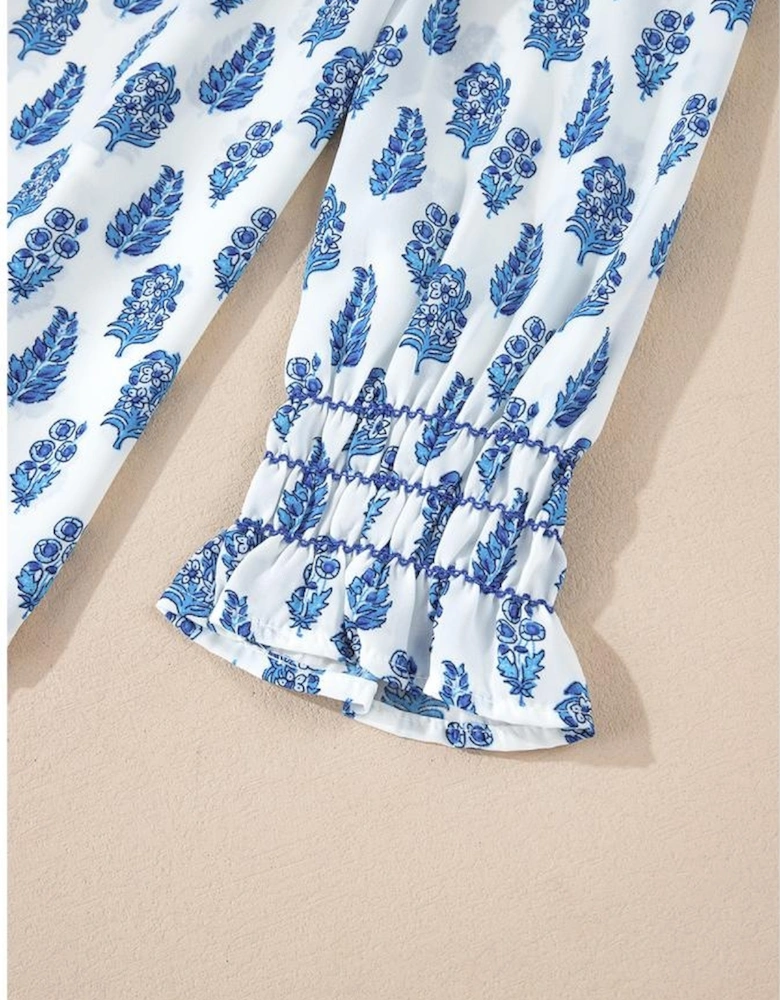 Sky Blue Boho Floral Printed Lantern Sleeve Frilled Neck Shirred Shirt