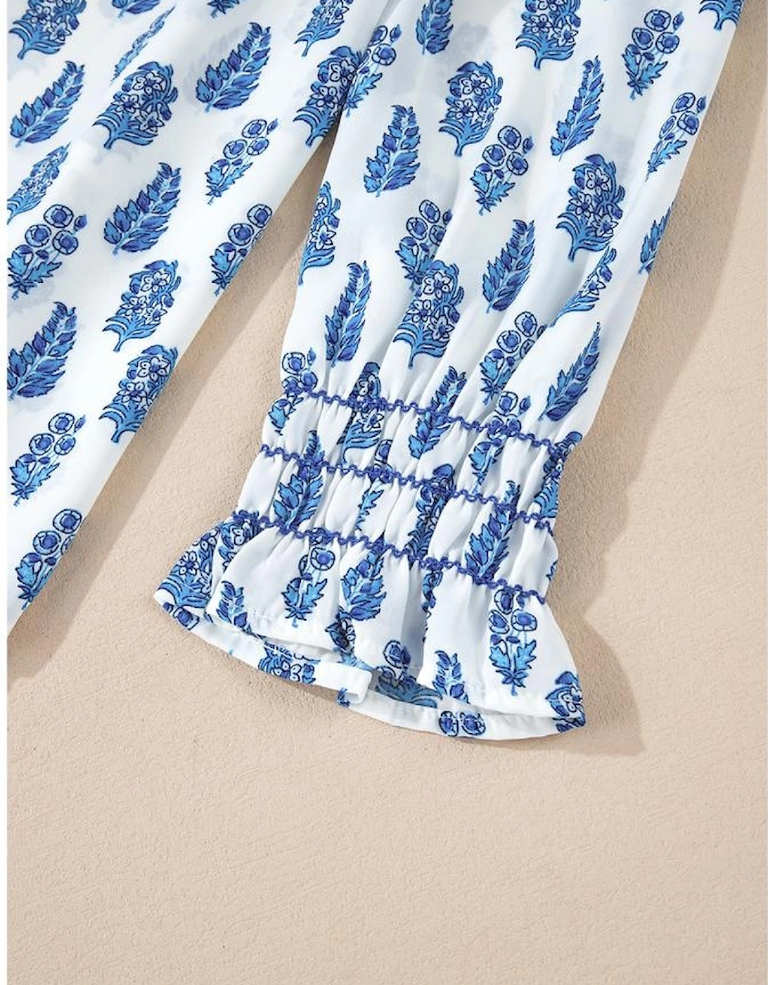 Sky Blue Boho Floral Printed Lantern Sleeve Frilled Neck Shirred Shirt