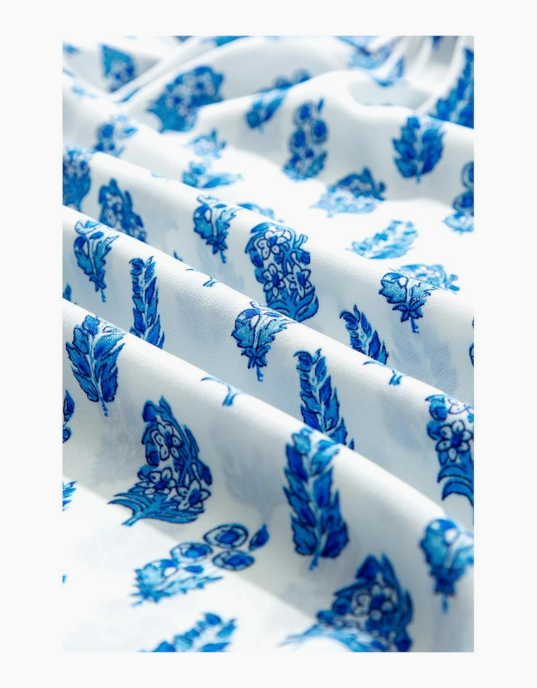 Sky Blue Boho Floral Printed Lantern Sleeve Frilled Neck Shirred Shirt