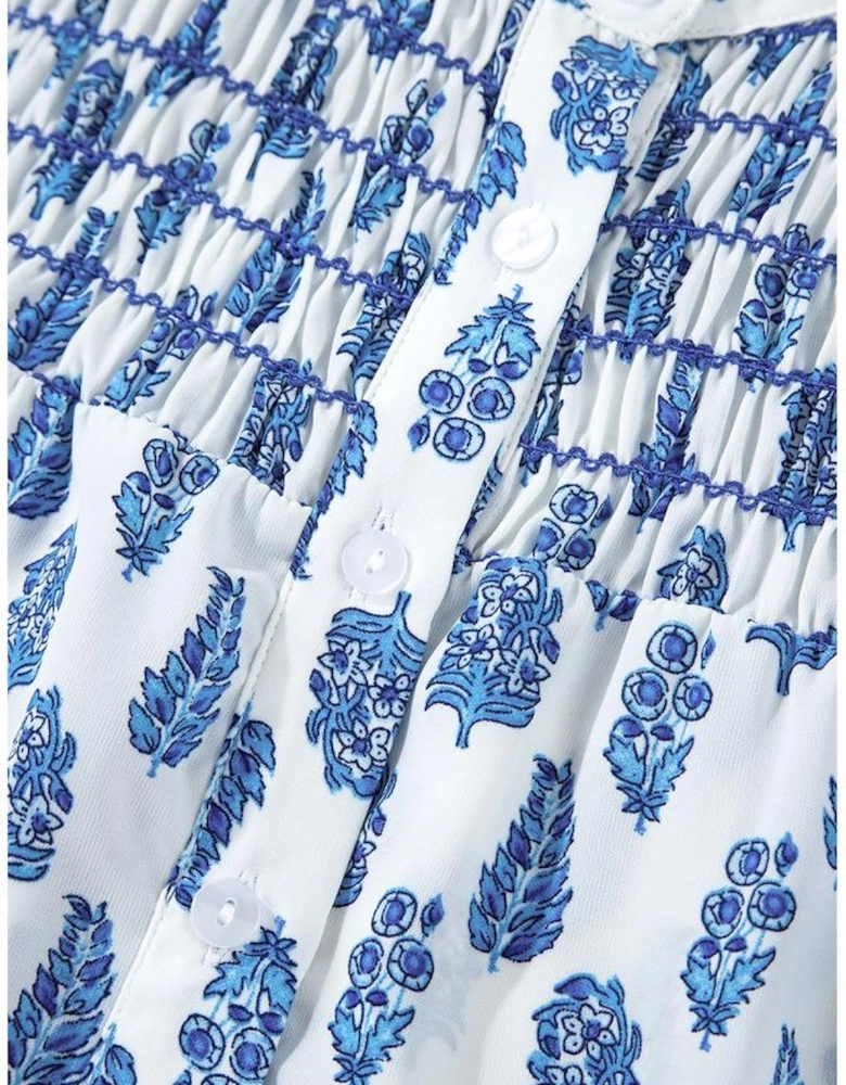 Sky Blue Boho Floral Printed Lantern Sleeve Frilled Neck Shirred Shirt