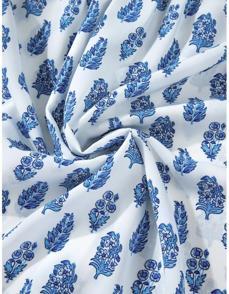 Sky Blue Boho Floral Printed Lantern Sleeve Frilled Neck Shirred Shirt