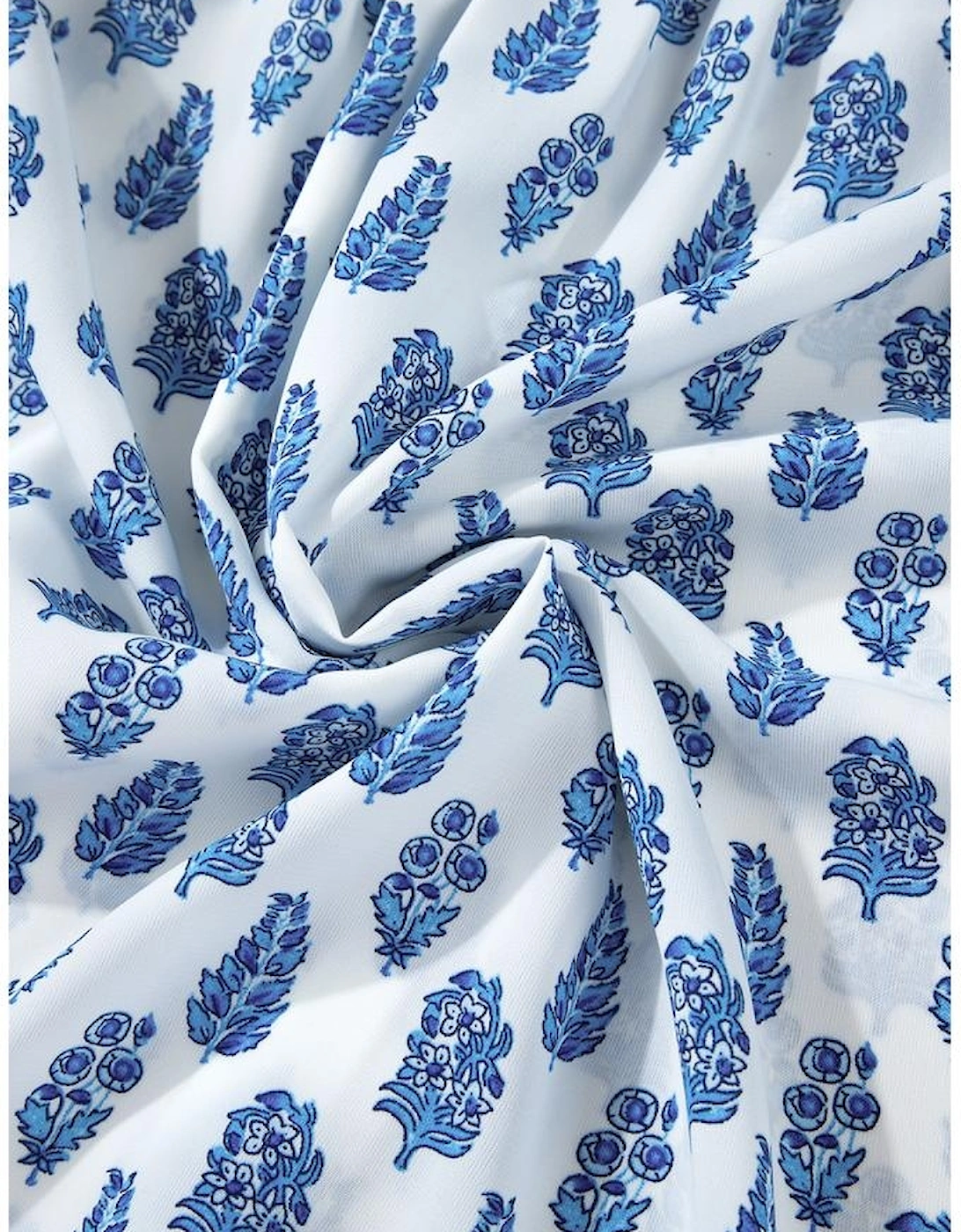 Sky Blue Boho Floral Printed Lantern Sleeve Frilled Neck Shirred Shirt