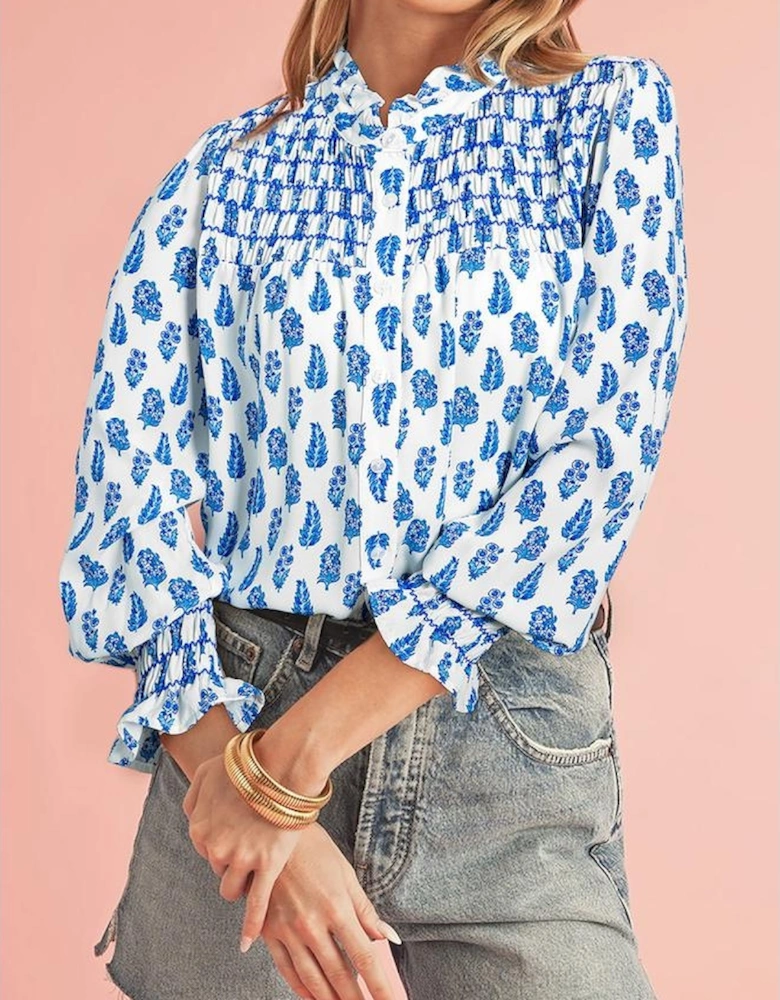 Sky Blue Boho Floral Printed Lantern Sleeve Frilled Neck Shirred Shirt