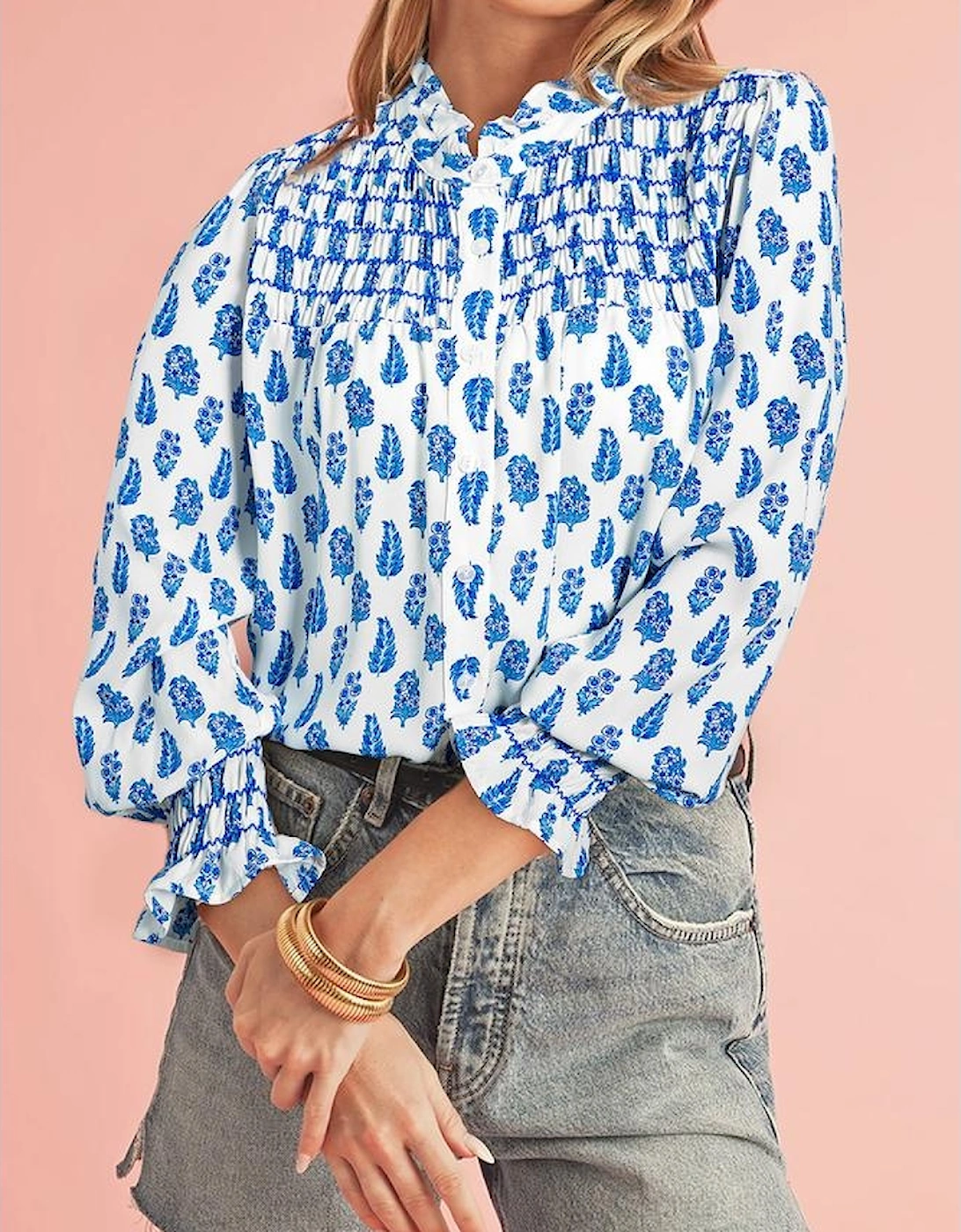 Sky Blue Boho Floral Printed Lantern Sleeve Frilled Neck Shirred Shirt