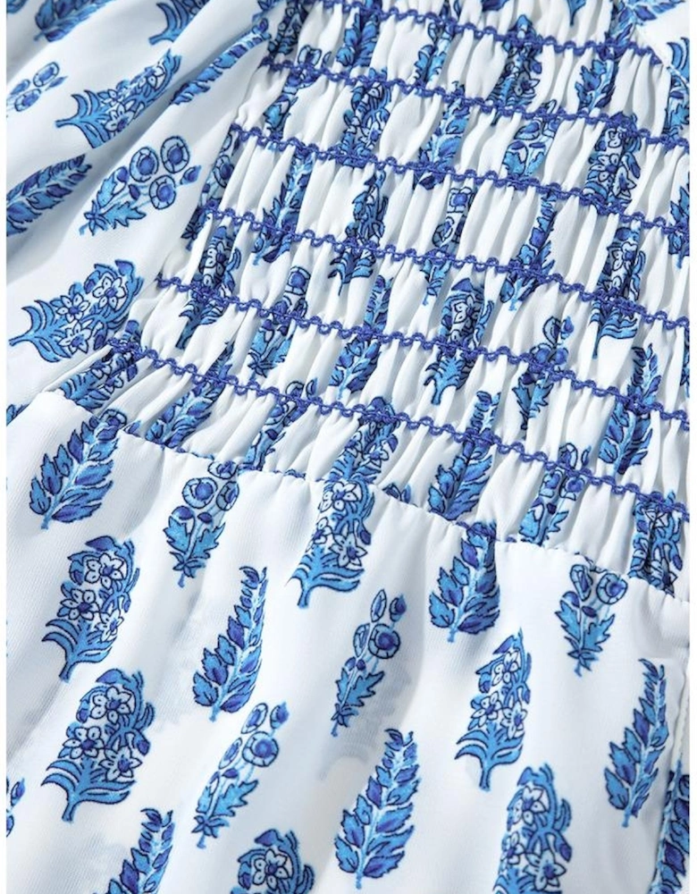 Sky Blue Boho Floral Printed Lantern Sleeve Frilled Neck Shirred Shirt