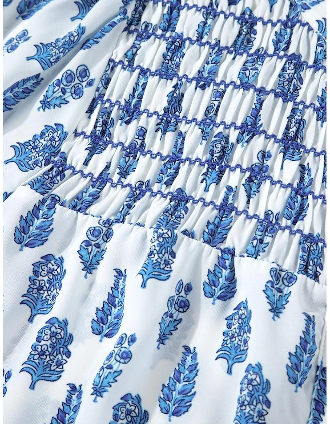 Sky Blue Boho Floral Printed Lantern Sleeve Frilled Neck Shirred Shirt