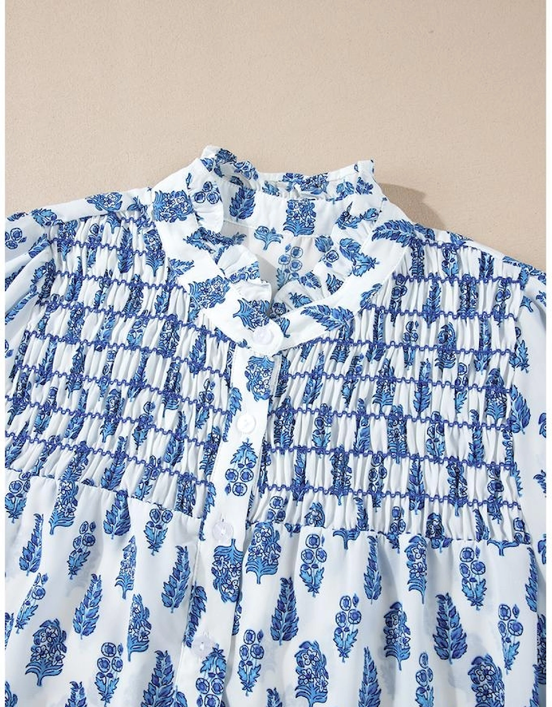 Sky Blue Boho Floral Printed Lantern Sleeve Frilled Neck Shirred Shirt