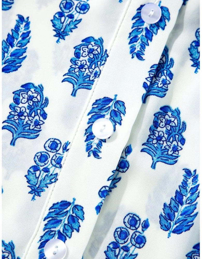 Sky Blue Boho Floral Printed Lantern Sleeve Frilled Neck Shirred Shirt