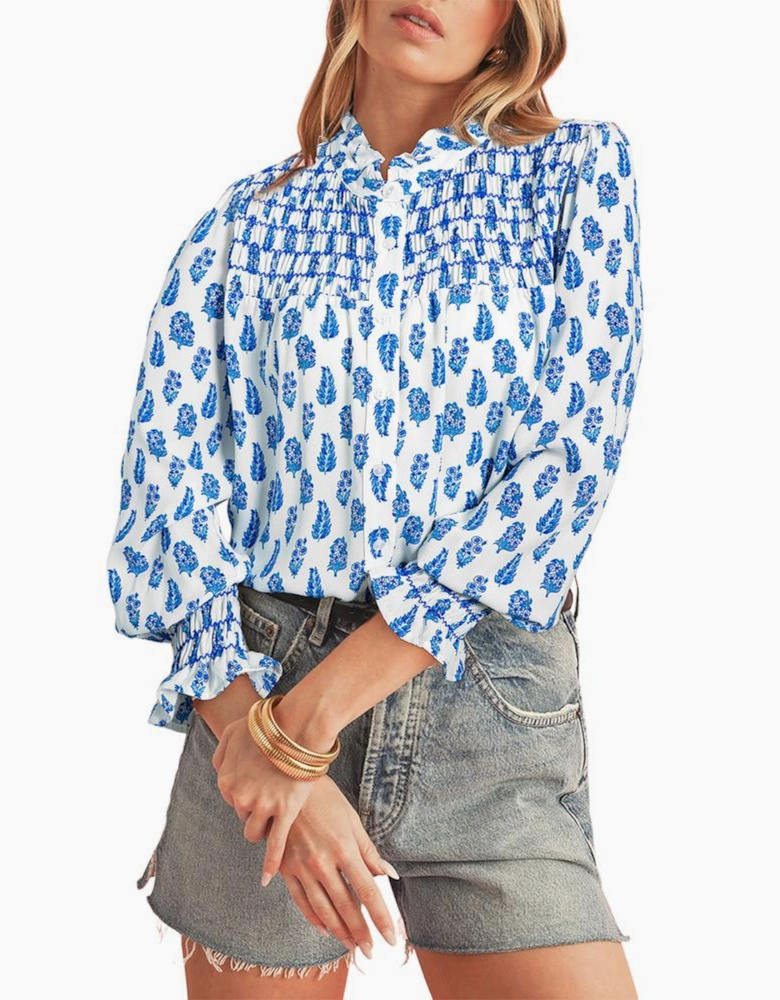 Sky Blue Boho Floral Printed Lantern Sleeve Frilled Neck Shirred Shirt