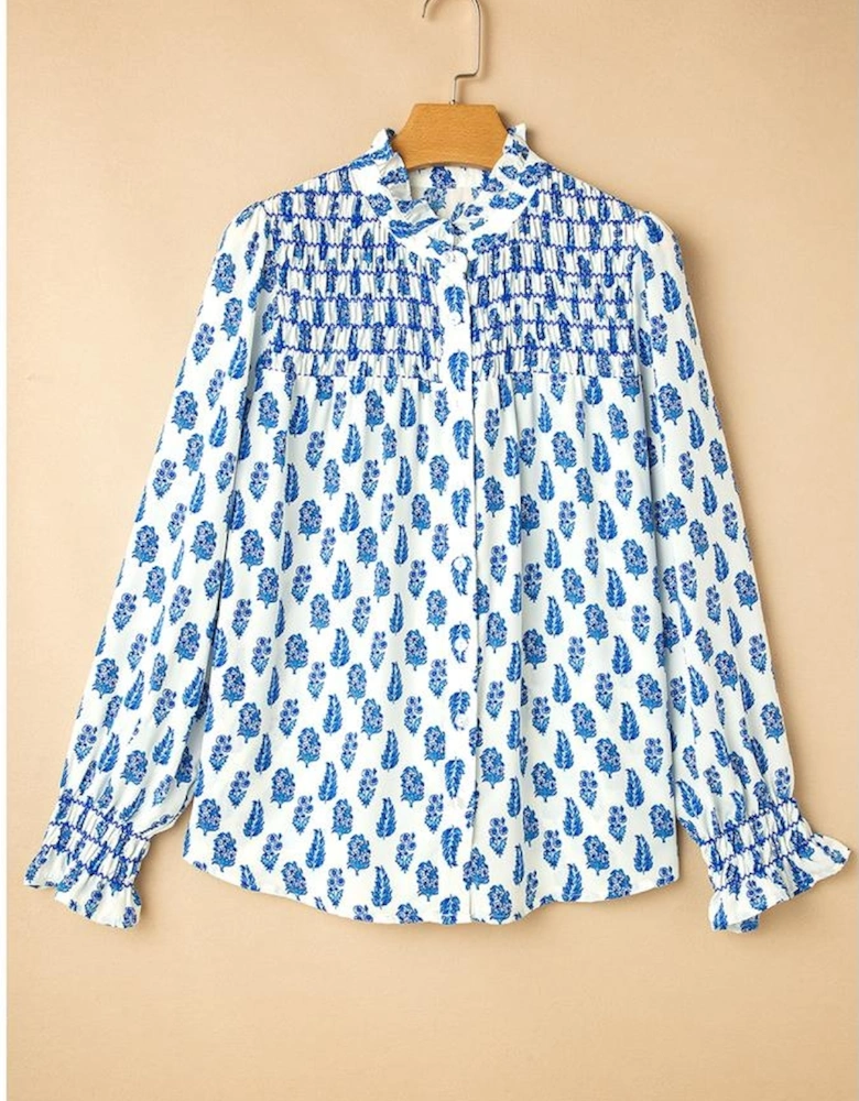 Sky Blue Boho Floral Printed Lantern Sleeve Frilled Neck Shirred Shirt