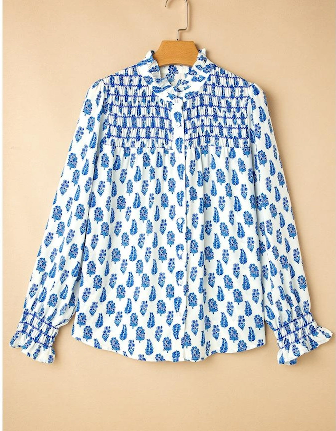 Sky Blue Boho Floral Printed Lantern Sleeve Frilled Neck Shirred Shirt