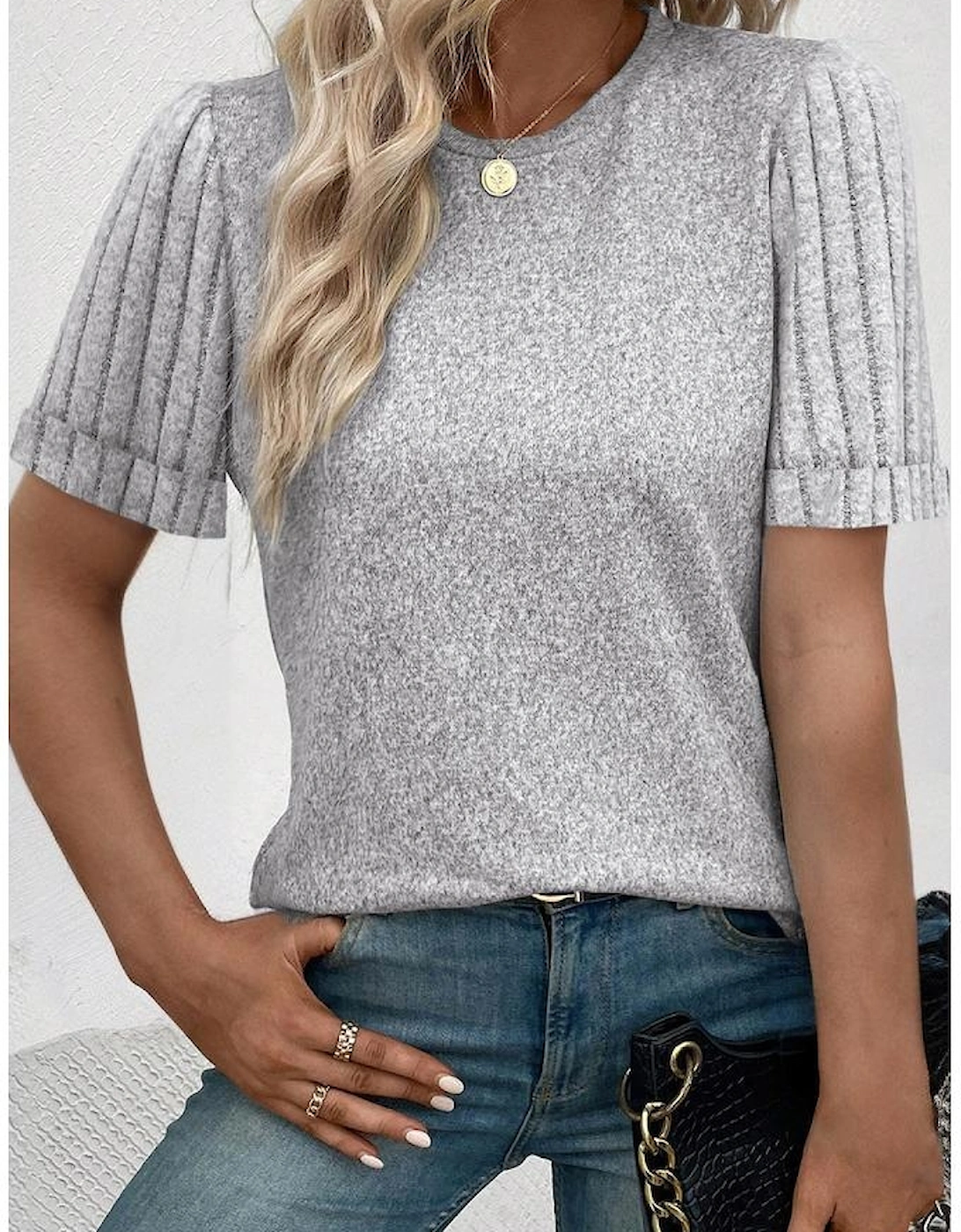 Gray Ribbed Splicing Sleeve Round Neck T-shirt, 5 of 4