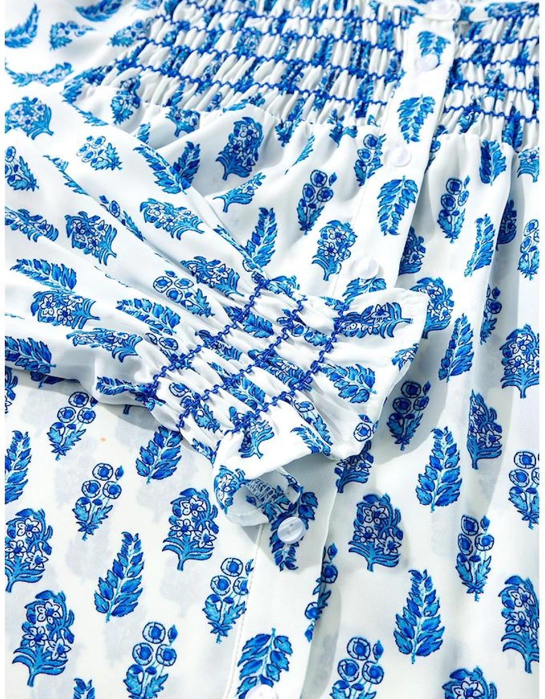 Sky Blue Boho Floral Printed Lantern Sleeve Frilled Neck Shirred Shirt