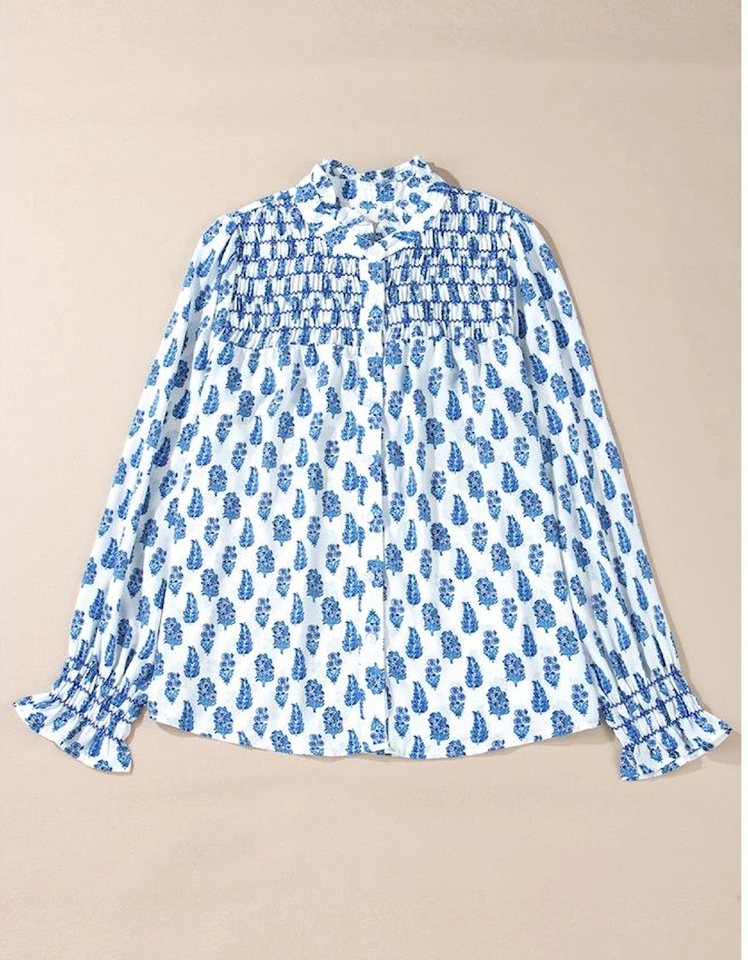 Sky Blue Boho Floral Printed Lantern Sleeve Frilled Neck Shirred Shirt