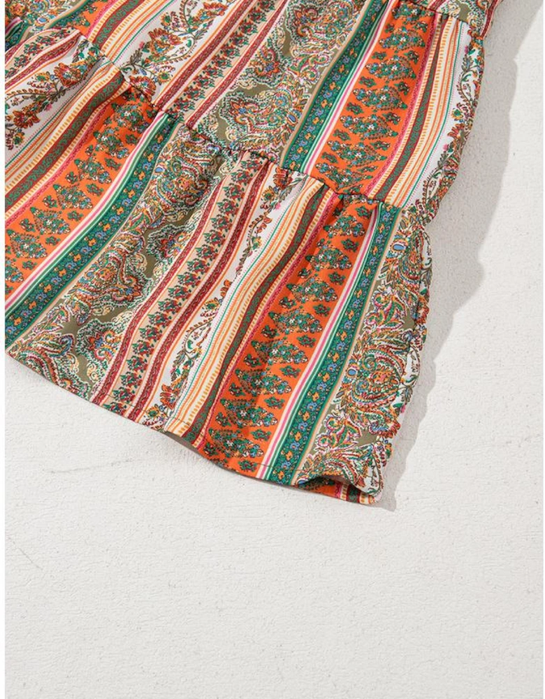 Red Bohemian Floral Print Buttoned V Neck Ruffle Tiered Dress