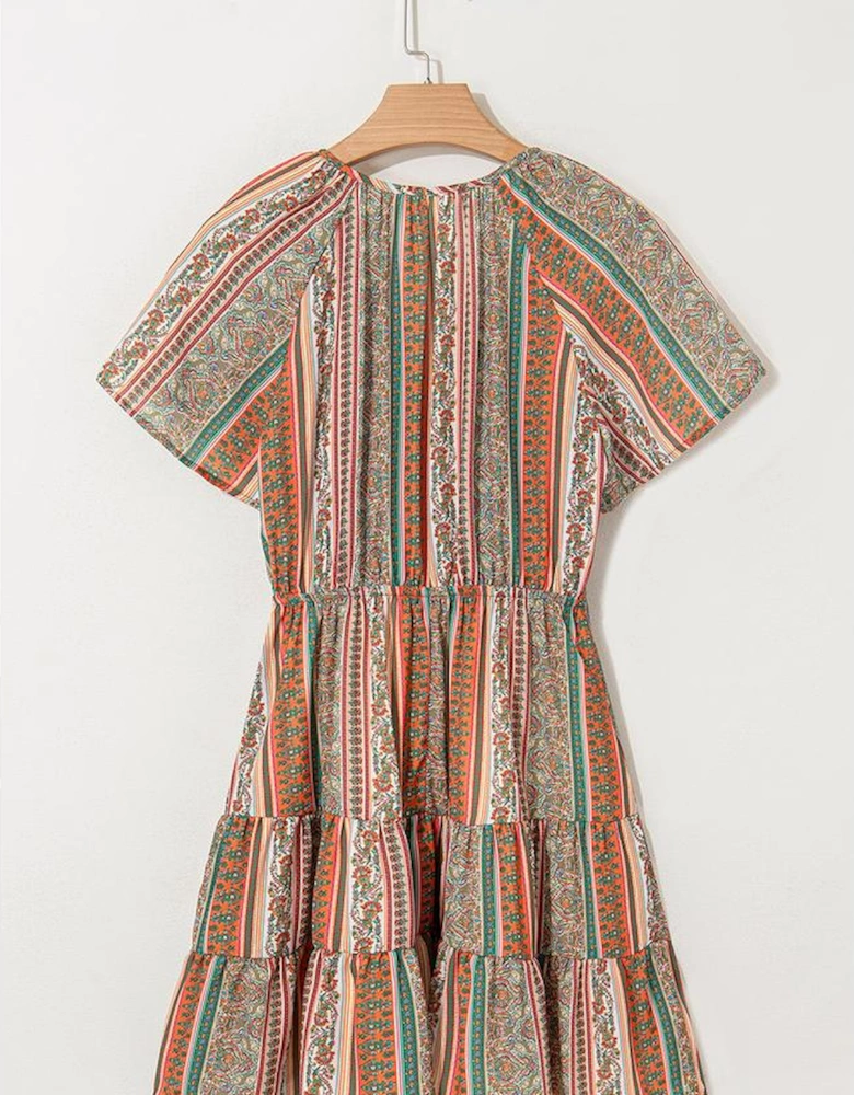 Red Bohemian Floral Print Buttoned V Neck Ruffle Tiered Dress