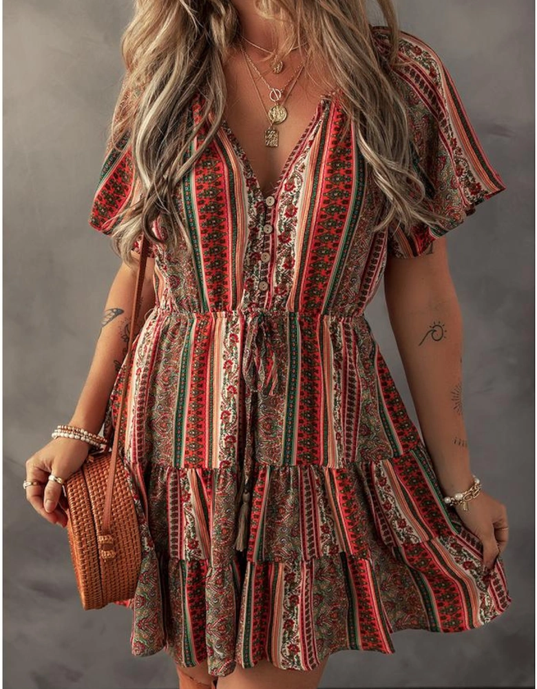 Red Bohemian Floral Print Buttoned V Neck Ruffle Tiered Dress