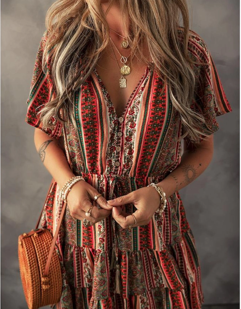Red Bohemian Floral Print Buttoned V Neck Ruffle Tiered Dress
