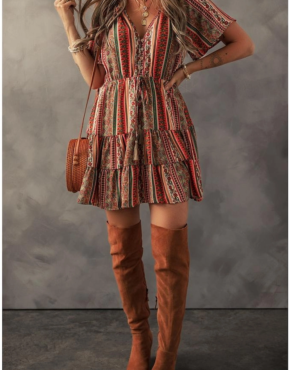 Red Bohemian Floral Print Buttoned V Neck Ruffle Tiered Dress