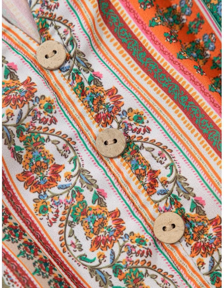 Red Bohemian Floral Print Buttoned V Neck Ruffle Tiered Dress