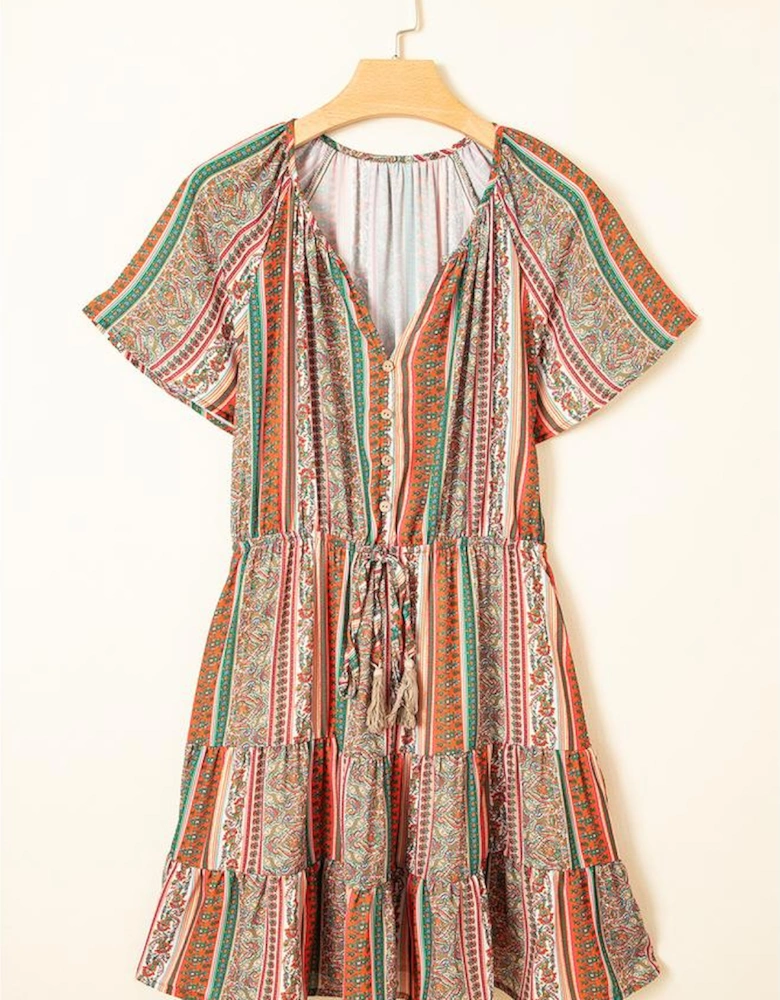 Red Bohemian Floral Print Buttoned V Neck Ruffle Tiered Dress