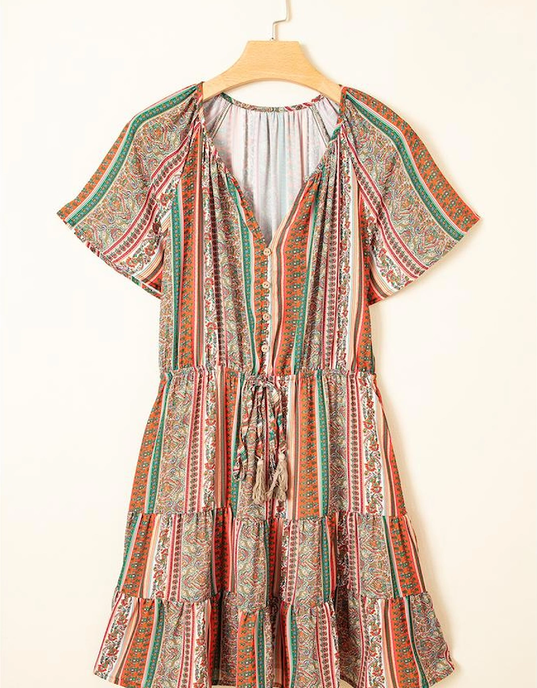 Red Bohemian Floral Print Buttoned V Neck Ruffle Tiered Dress