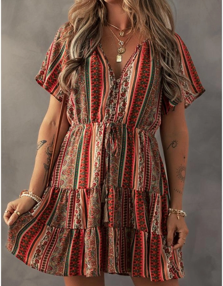 Red Bohemian Floral Print Buttoned V Neck Ruffle Tiered Dress