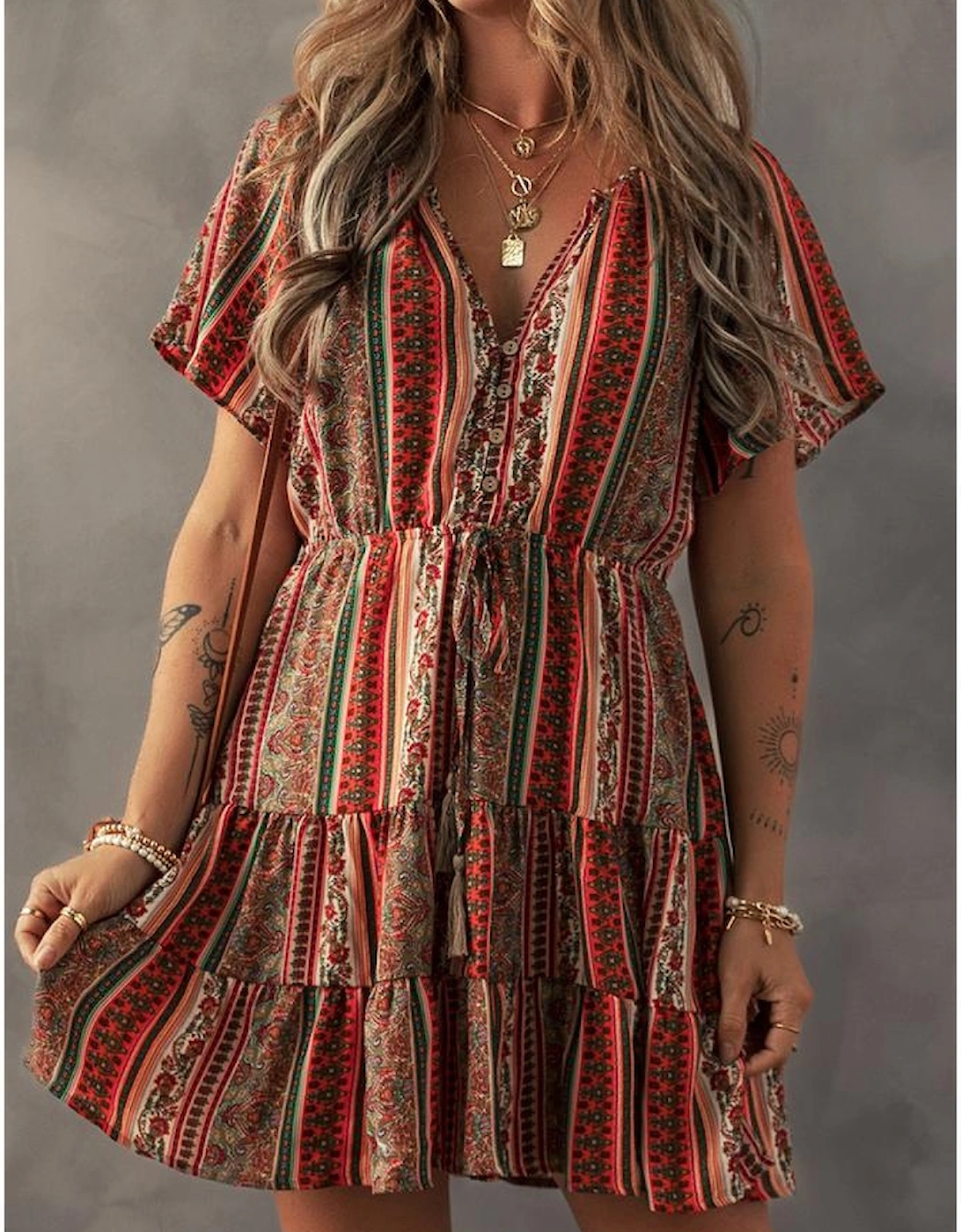 Red Bohemian Floral Print Buttoned V Neck Ruffle Tiered Dress