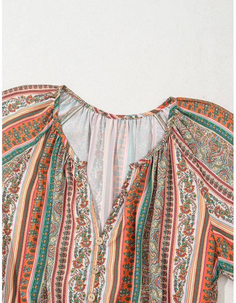 Red Bohemian Floral Print Buttoned V Neck Ruffle Tiered Dress