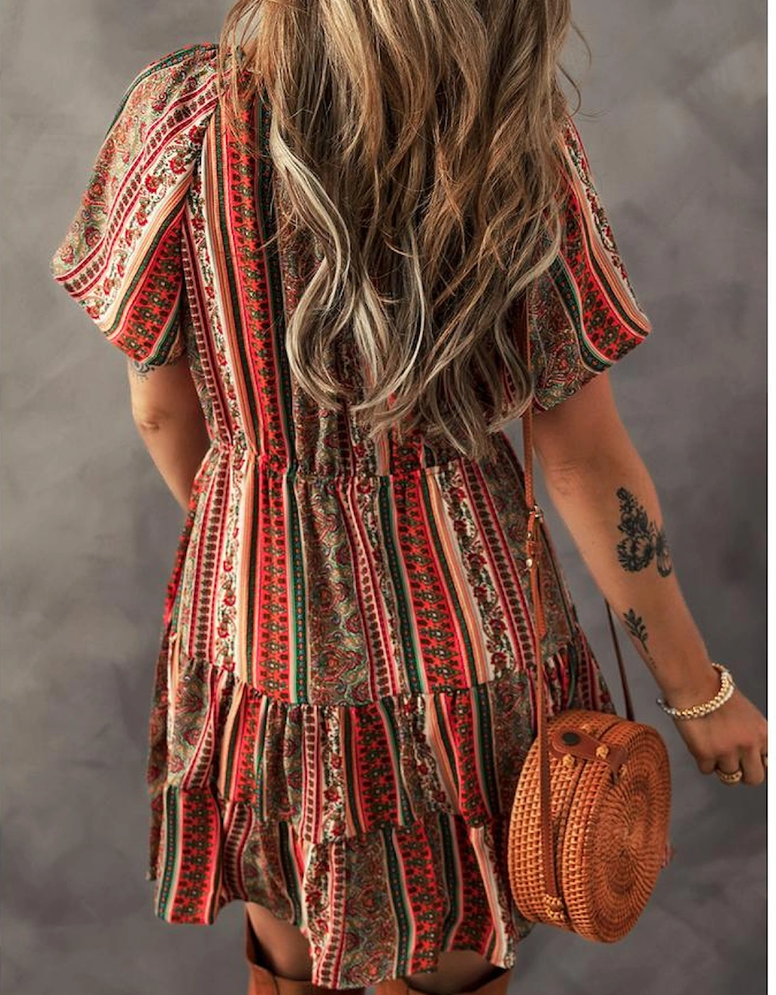 Red Bohemian Floral Print Buttoned V Neck Ruffle Tiered Dress, 16 of 15