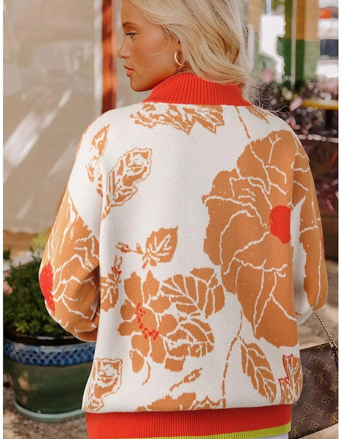 Khaki Floral Half Zip Collared Pullover Sweater, 3 of 2