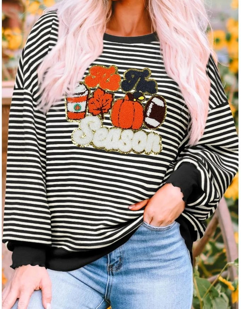 Black Stripe Tis The Season Chenille Patched Graphic Drop Shoulder Long Sleeve Top