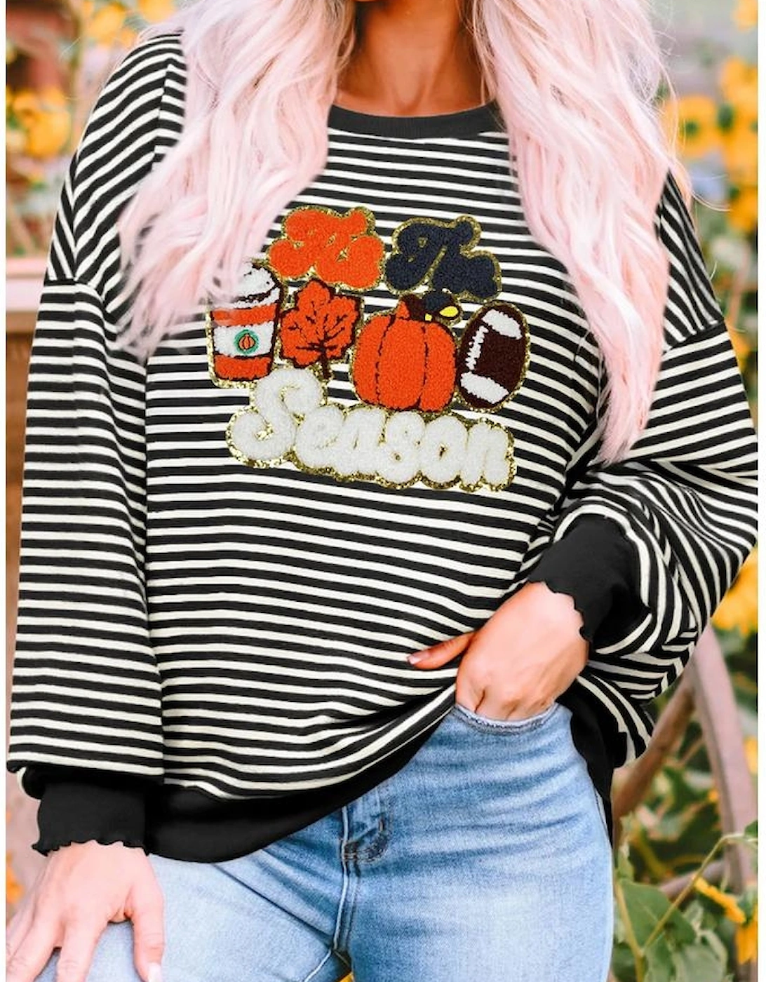 Black Stripe Tis The Season Chenille Patched Graphic Drop Shoulder Long Sleeve Top