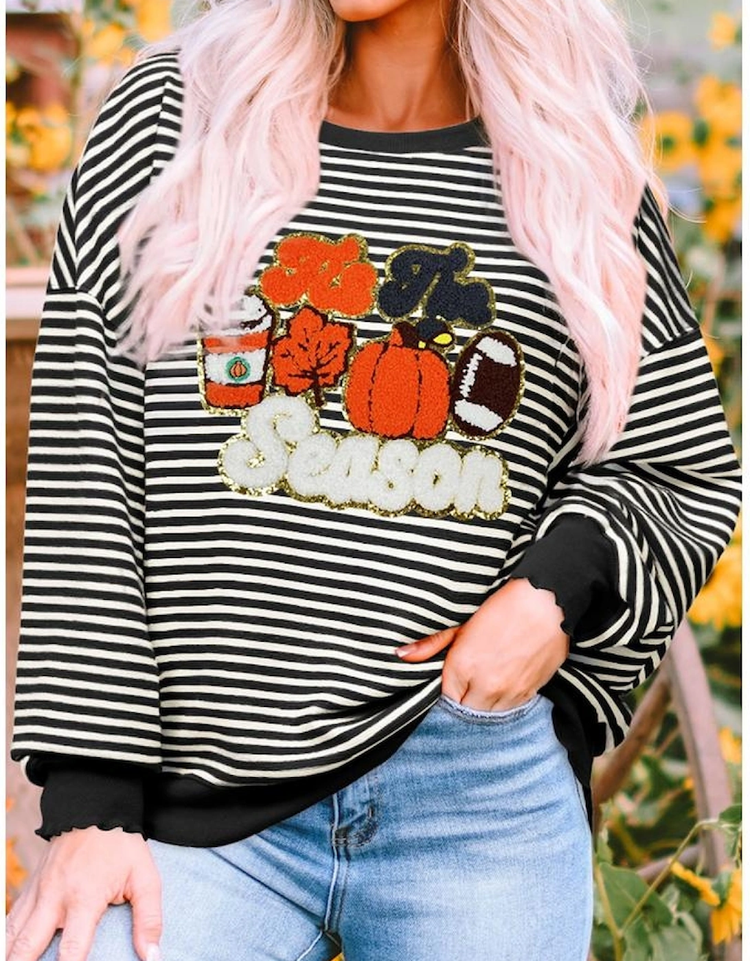 Black Stripe Tis The Season Chenille Patched Graphic Drop Shoulder Long Sleeve Top