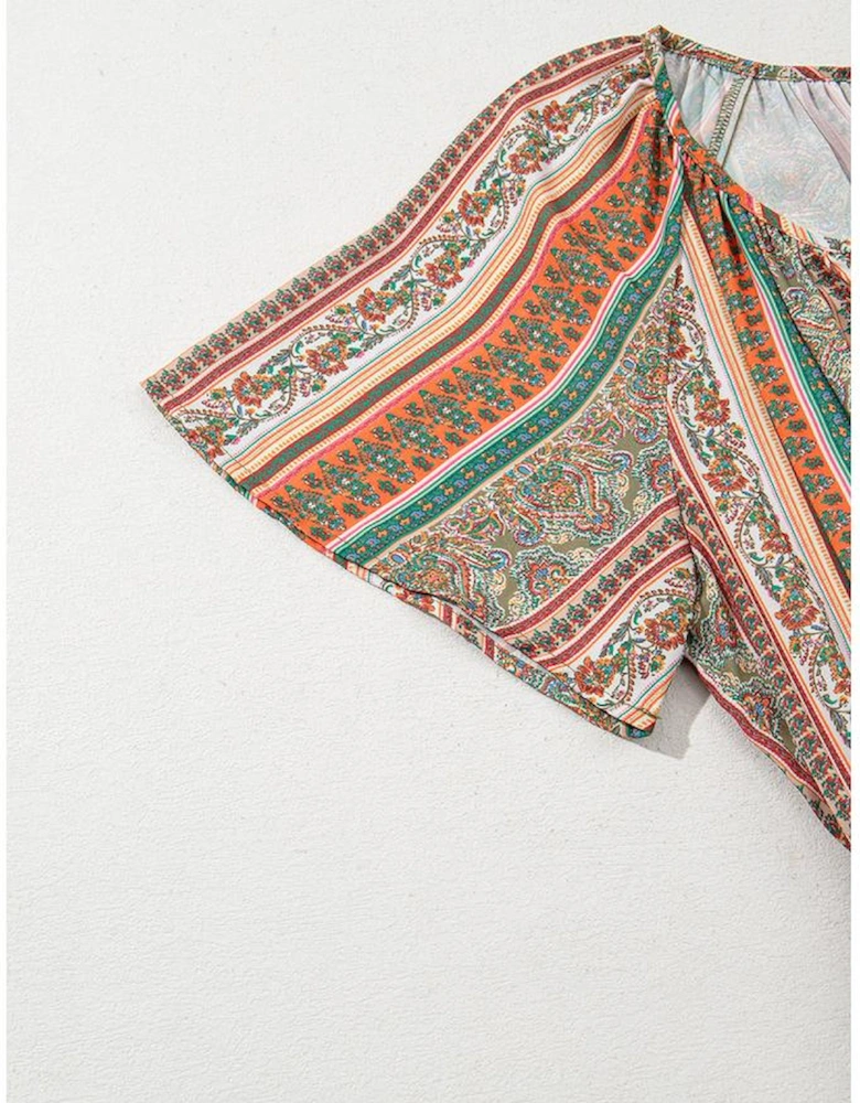 Red Bohemian Floral Print Buttoned V Neck Ruffle Tiered Dress