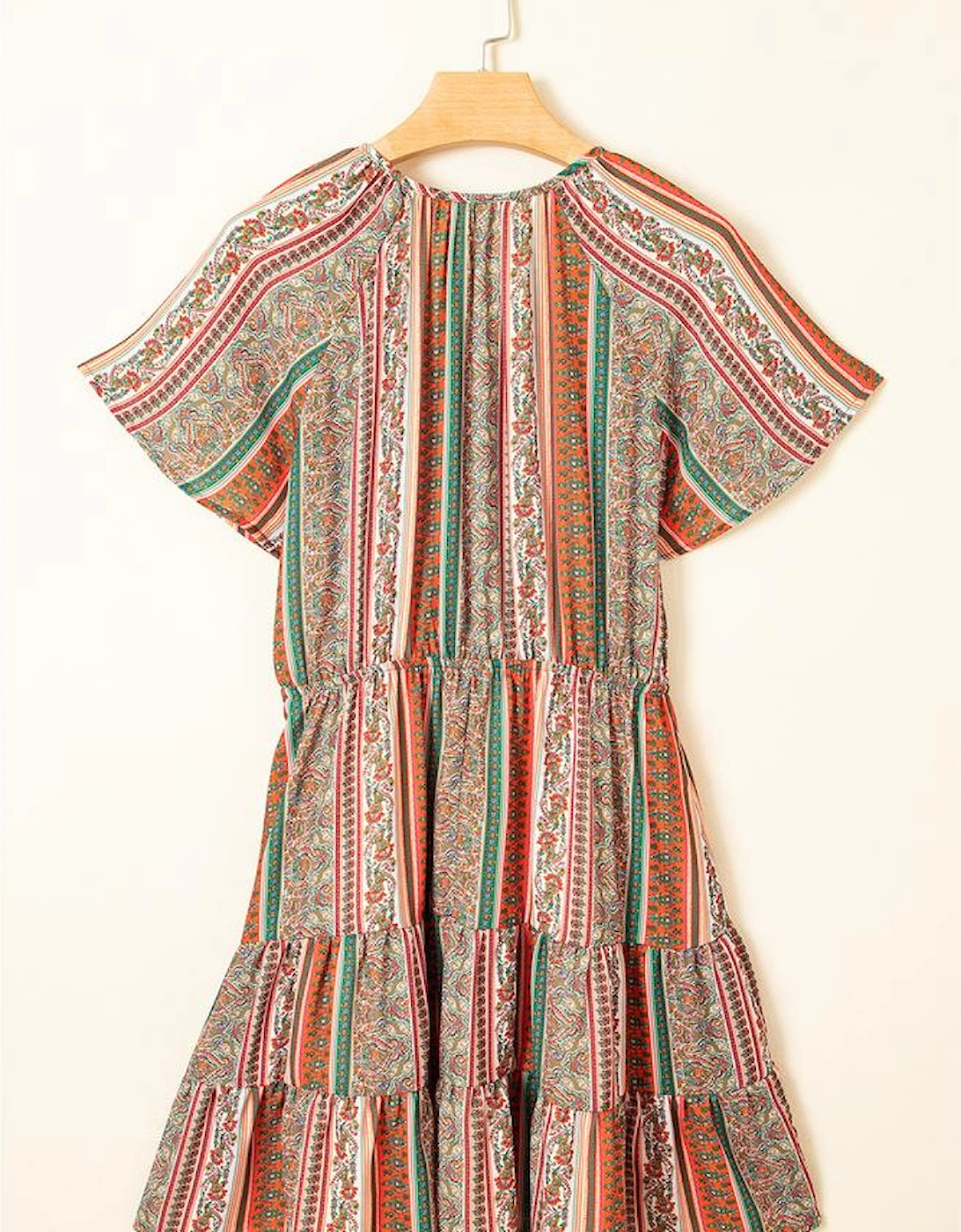 Red Bohemian Floral Print Buttoned V Neck Ruffle Tiered Dress