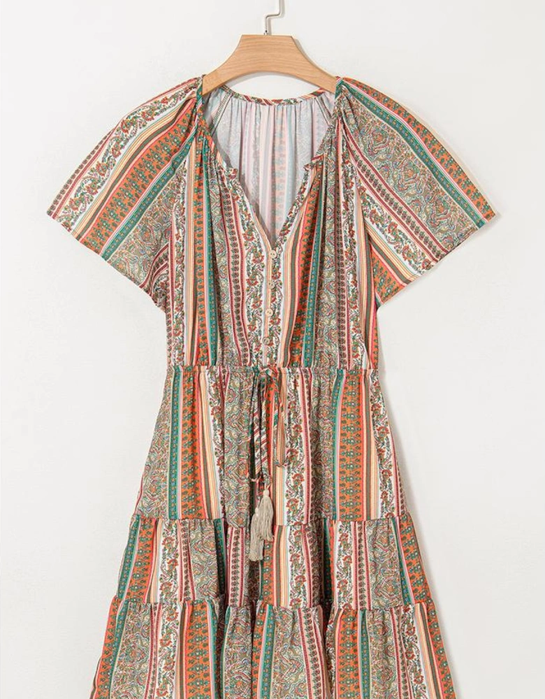 Red Bohemian Floral Print Buttoned V Neck Ruffle Tiered Dress